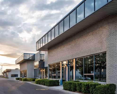 Perspective view of office park buildings during the evening
