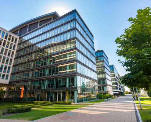Alley with modern office buildings in Budapest